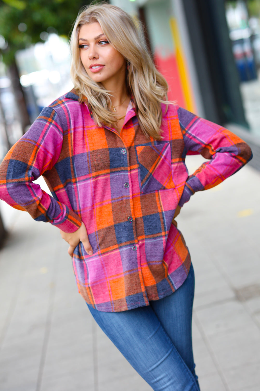 Orange & Magenta Jacquard Plaid Button Up Shacket