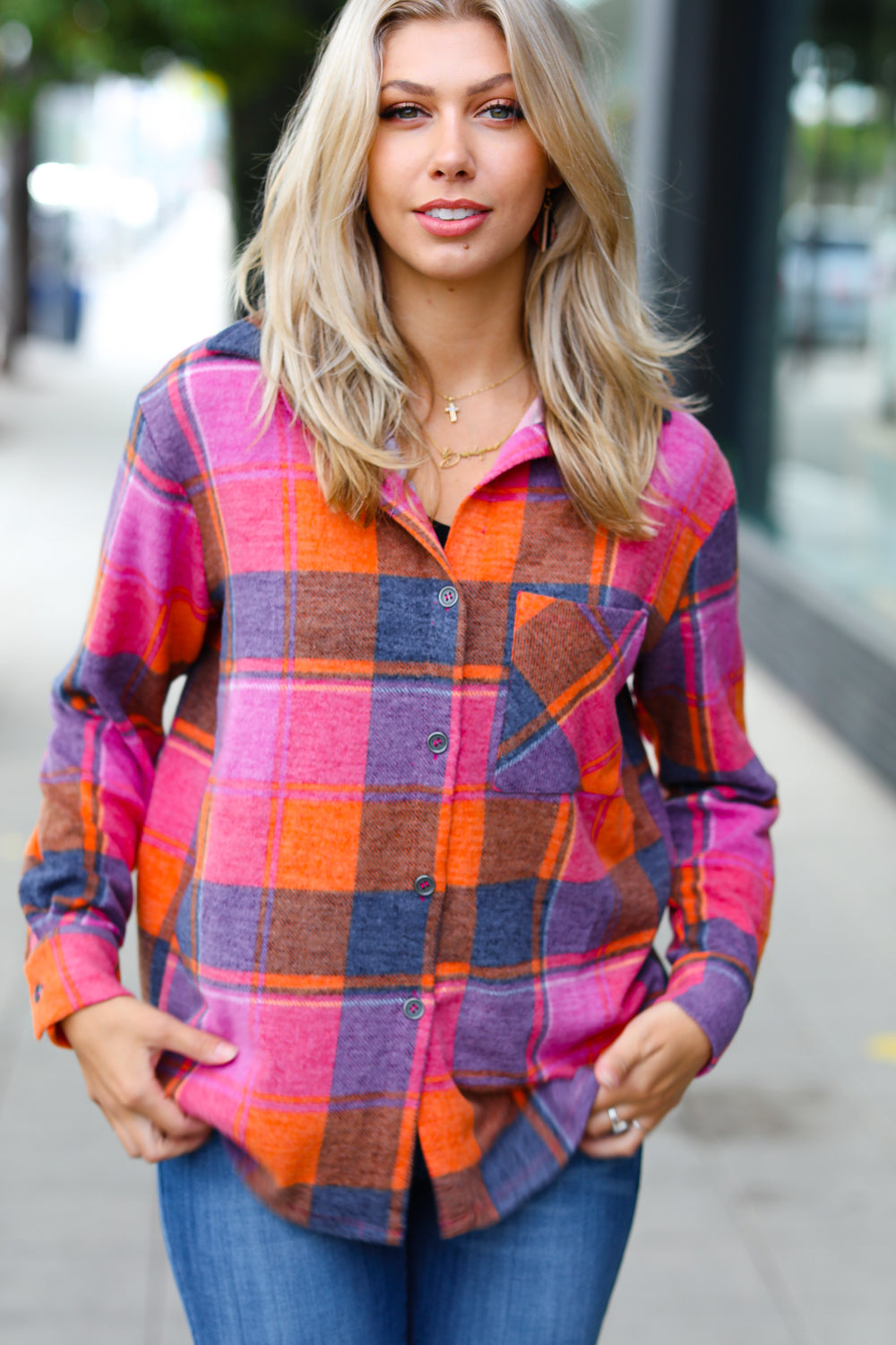 Orange & Magenta Jacquard Plaid Button Up Shacket