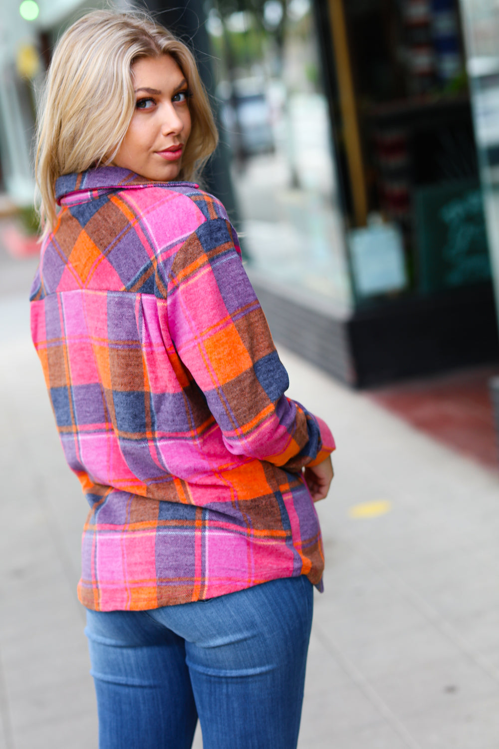 Orange & Magenta Jacquard Plaid Button Up Shacket