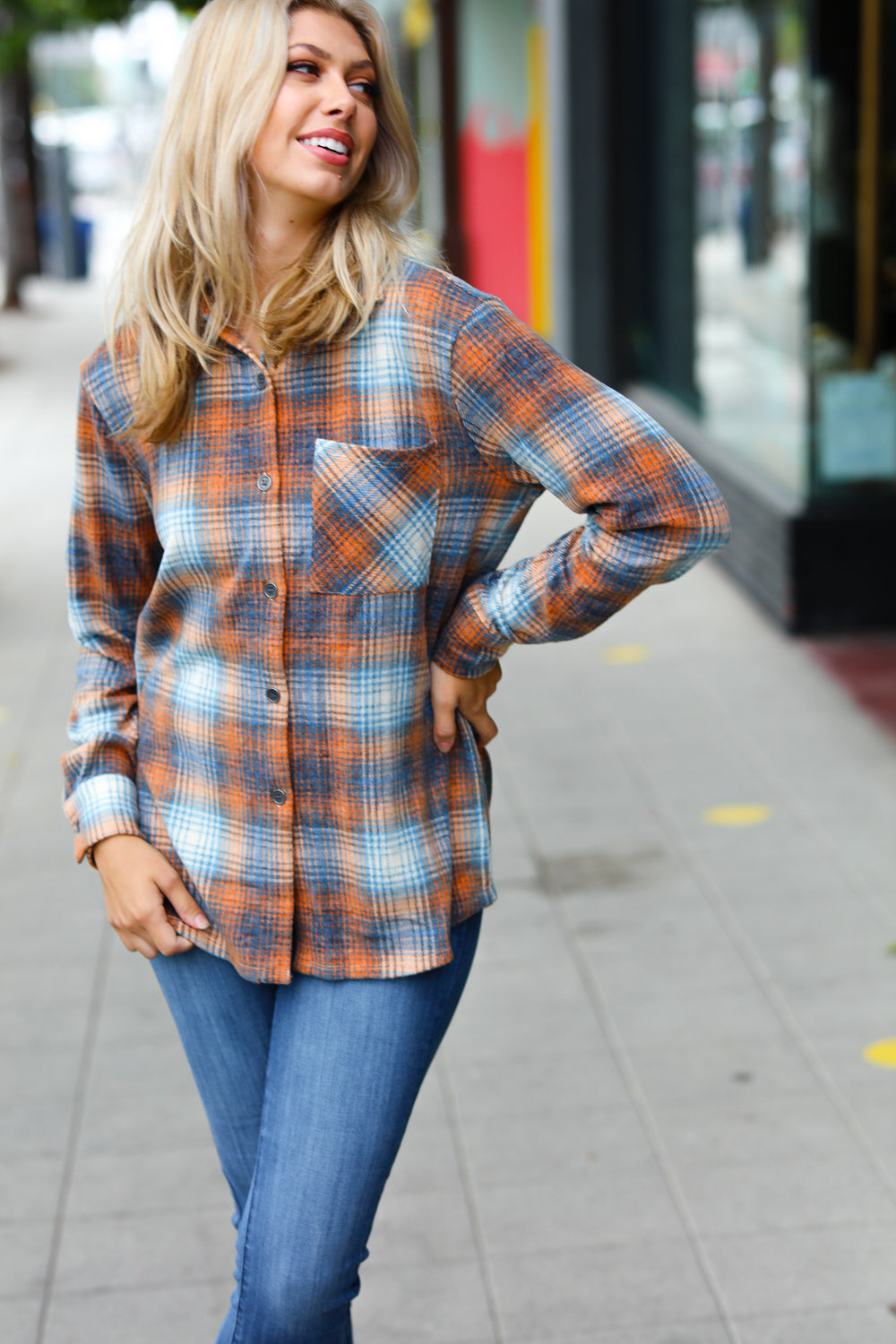 Weekend Ready Blue & Orange Jacquard Plaid Button Up