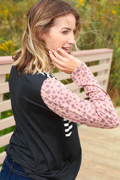 Leopard Stripe Long Sleeve Raglan Color Block Top