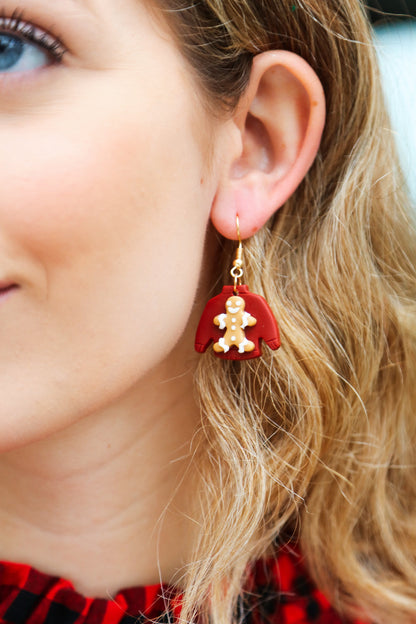 Gingerbread Man Sweater Clay Dangle Earrings