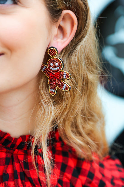 Gingerbread Man Beaded Dangle Earrings