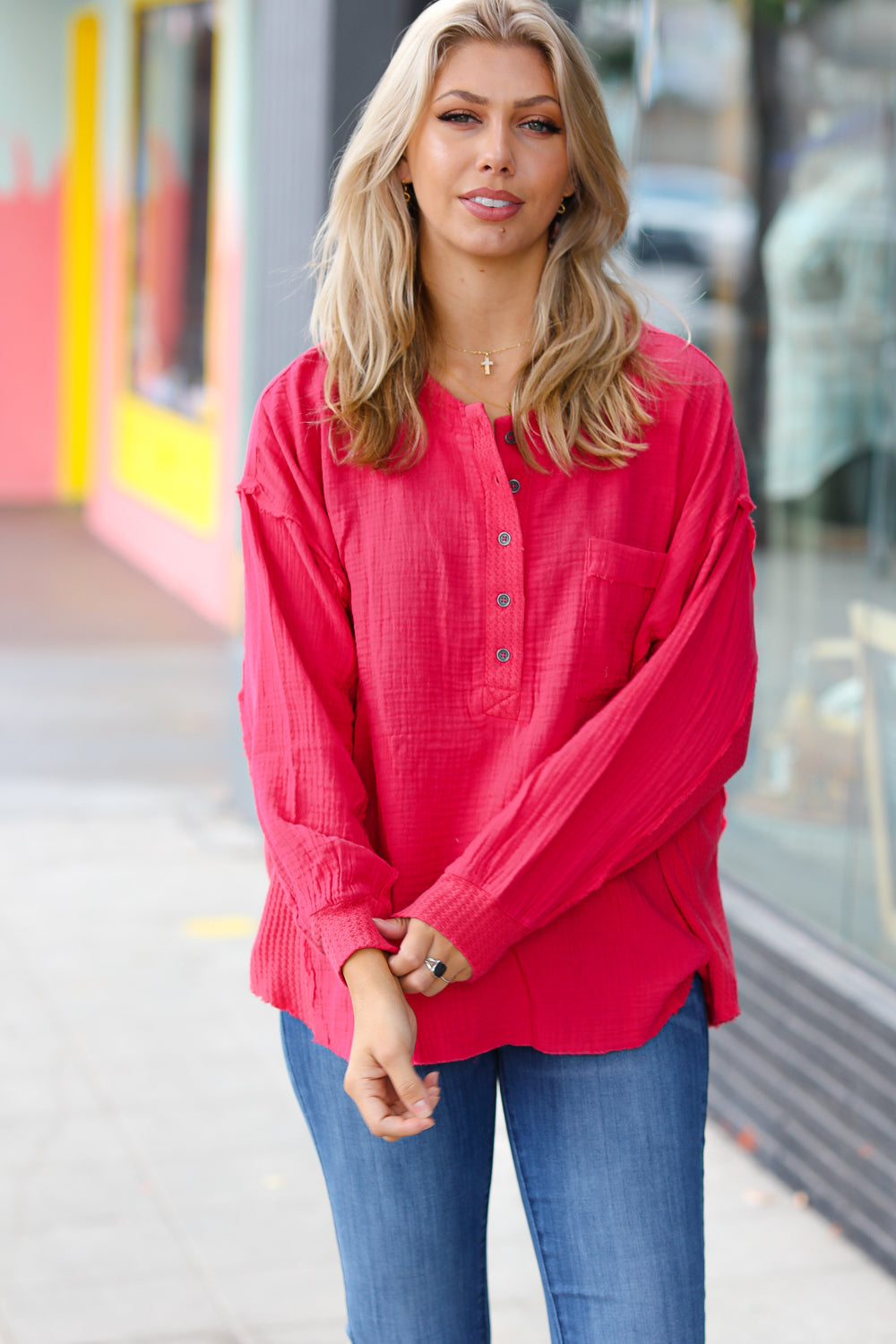 Magenta Gauze & Waffle Henley Oversized Top