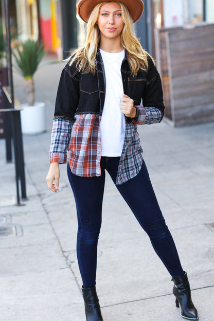 Seize The Day Black Denim & Plaid Cut Edge Jacket