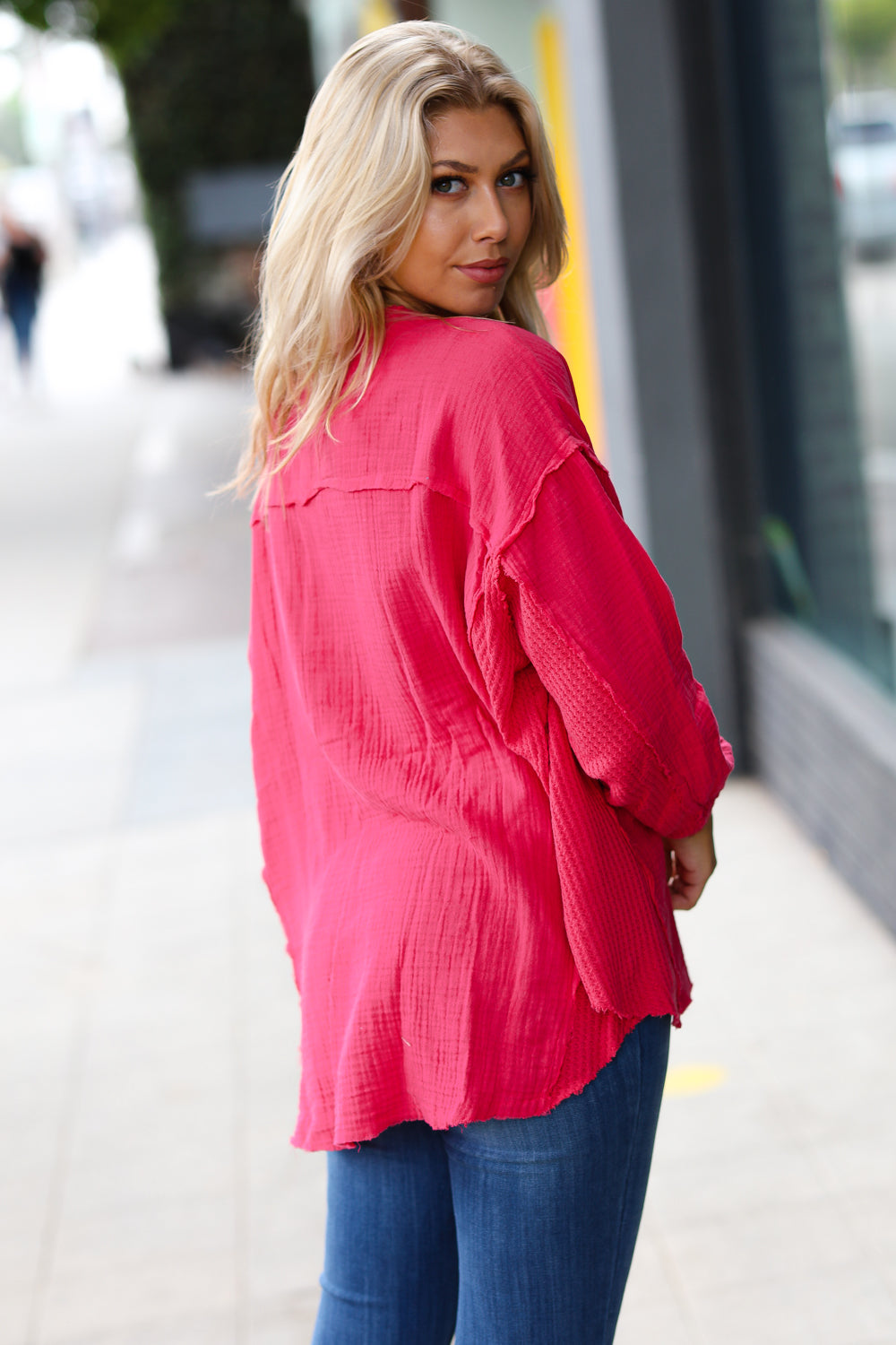 Magenta Gauze & Waffle Henley Oversized Top