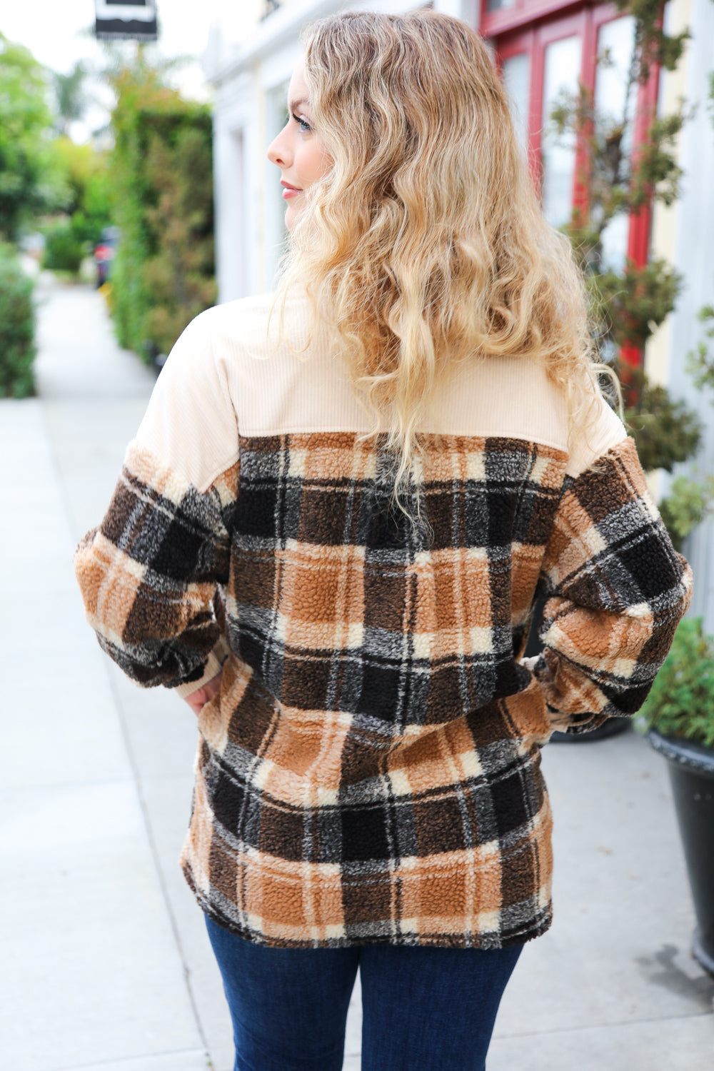 Adorable Taupe Corduroy & Plaid Sherpa Button Jacket