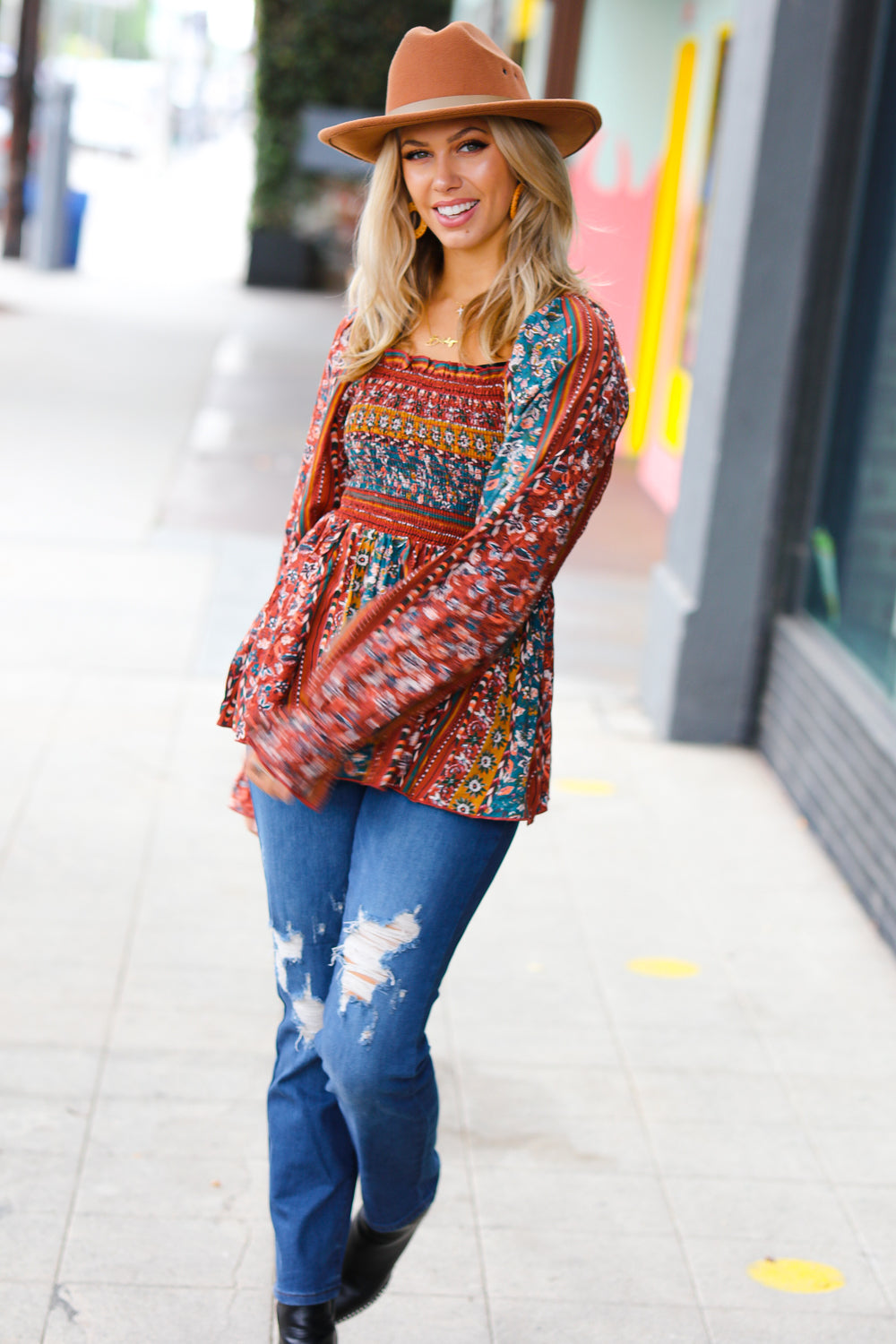 Teal & Rust Smocked Floral Ruffle Hem Top