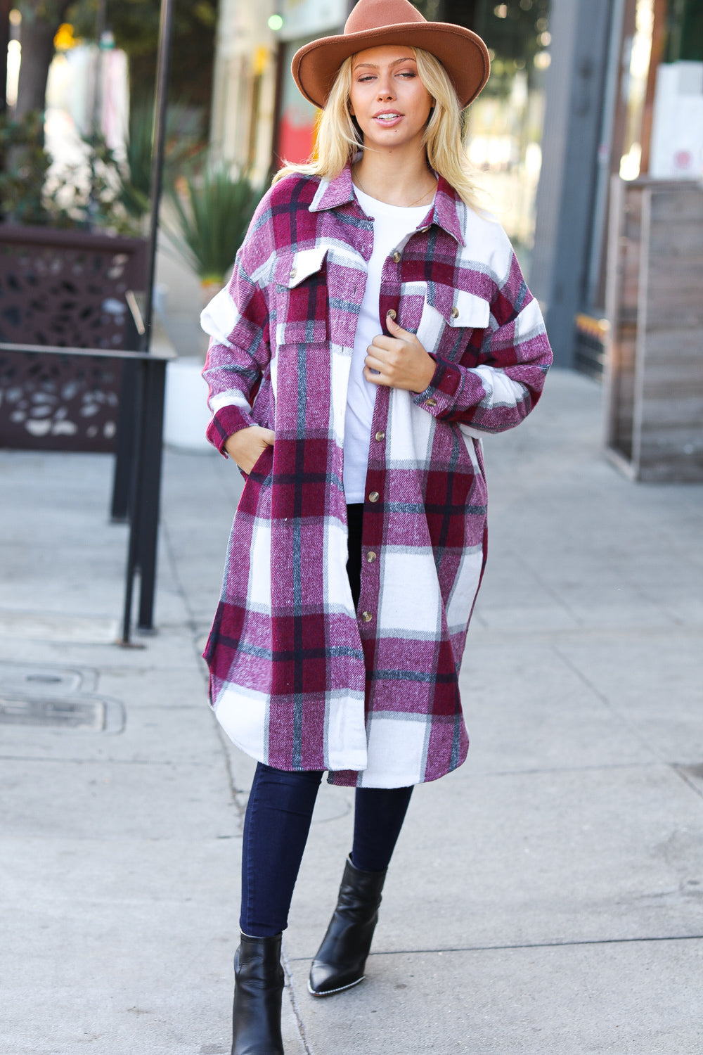 Eyes On You Burgundy Plaid Longline Jacket