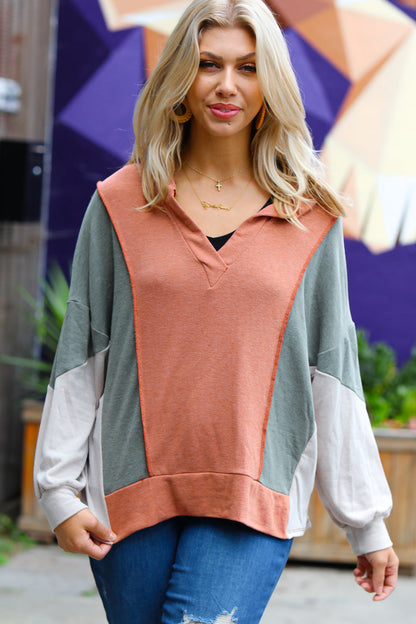 Weekend Bliss Rust & Olive Collared Terry Color Block Top