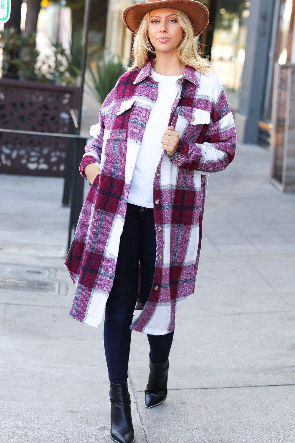 Eyes On You Burgundy Plaid Longline Jacket