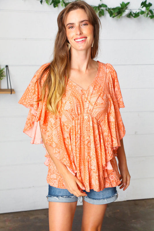 Apricot Boho Print Button Detail Side Ruffle Top