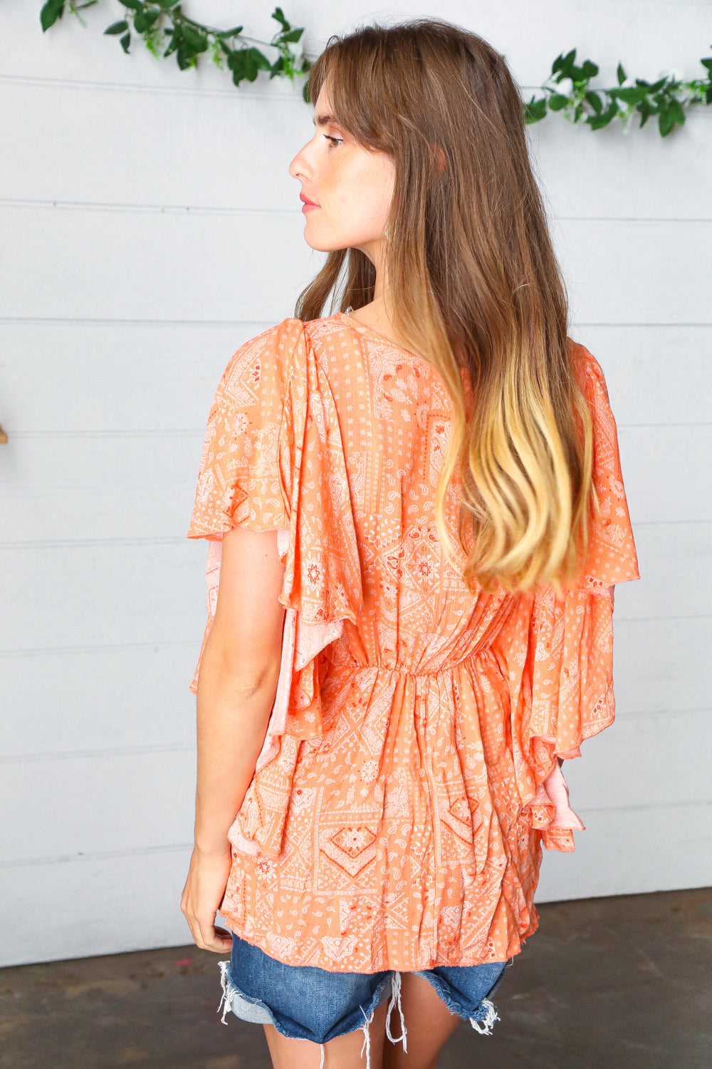 Apricot Boho Print Button Detail Side Ruffle Top