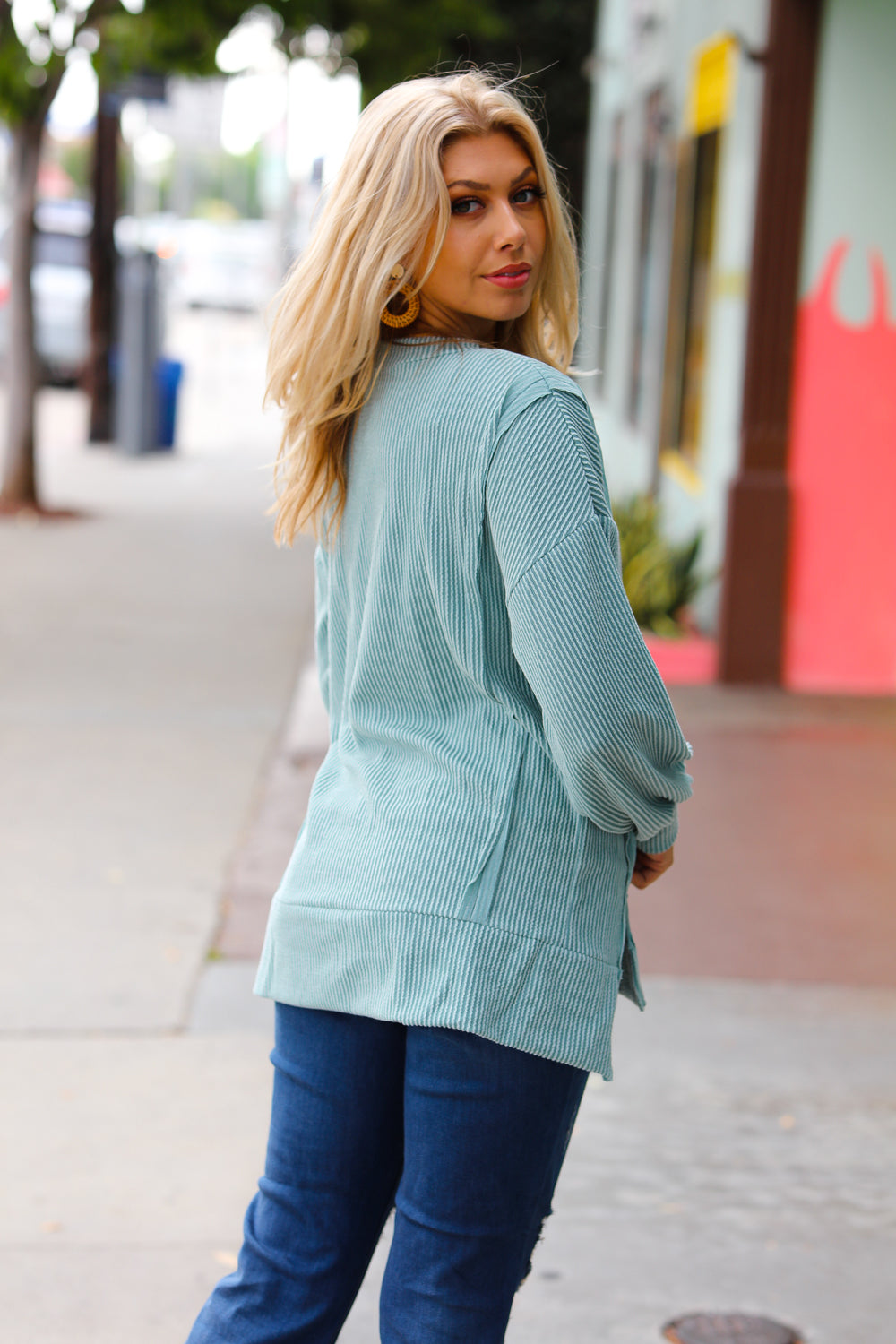 Sage Mineral Wash Rib Knit Pullover Top