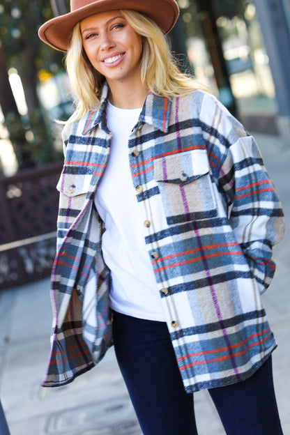 Perfectly You Taupe & Blue Plaid Flannel Button Down Shacket