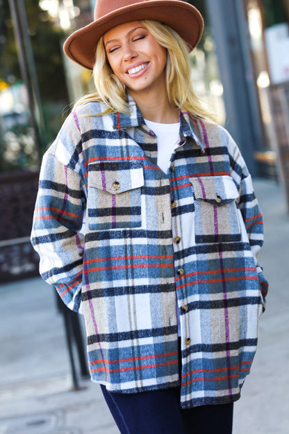 Perfectly You Taupe & Blue Plaid Flannel Button Down Shacket