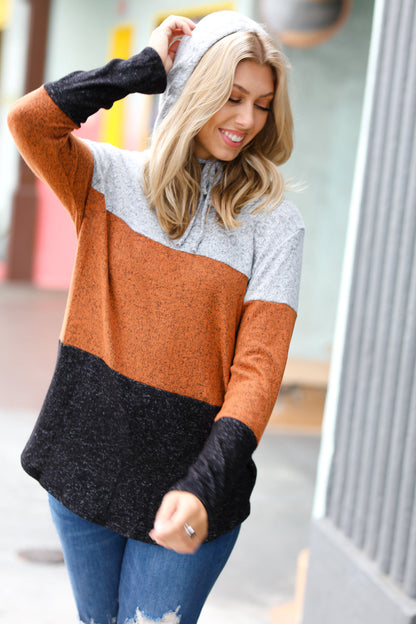 Cozy Up Heather Grey & Rust Color Block Hoodie Top