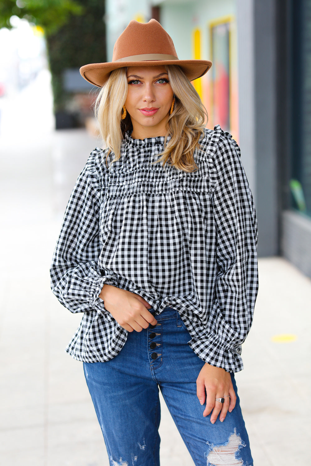 Black Gingham Shirred Yoke Mock Neck Frilled Top