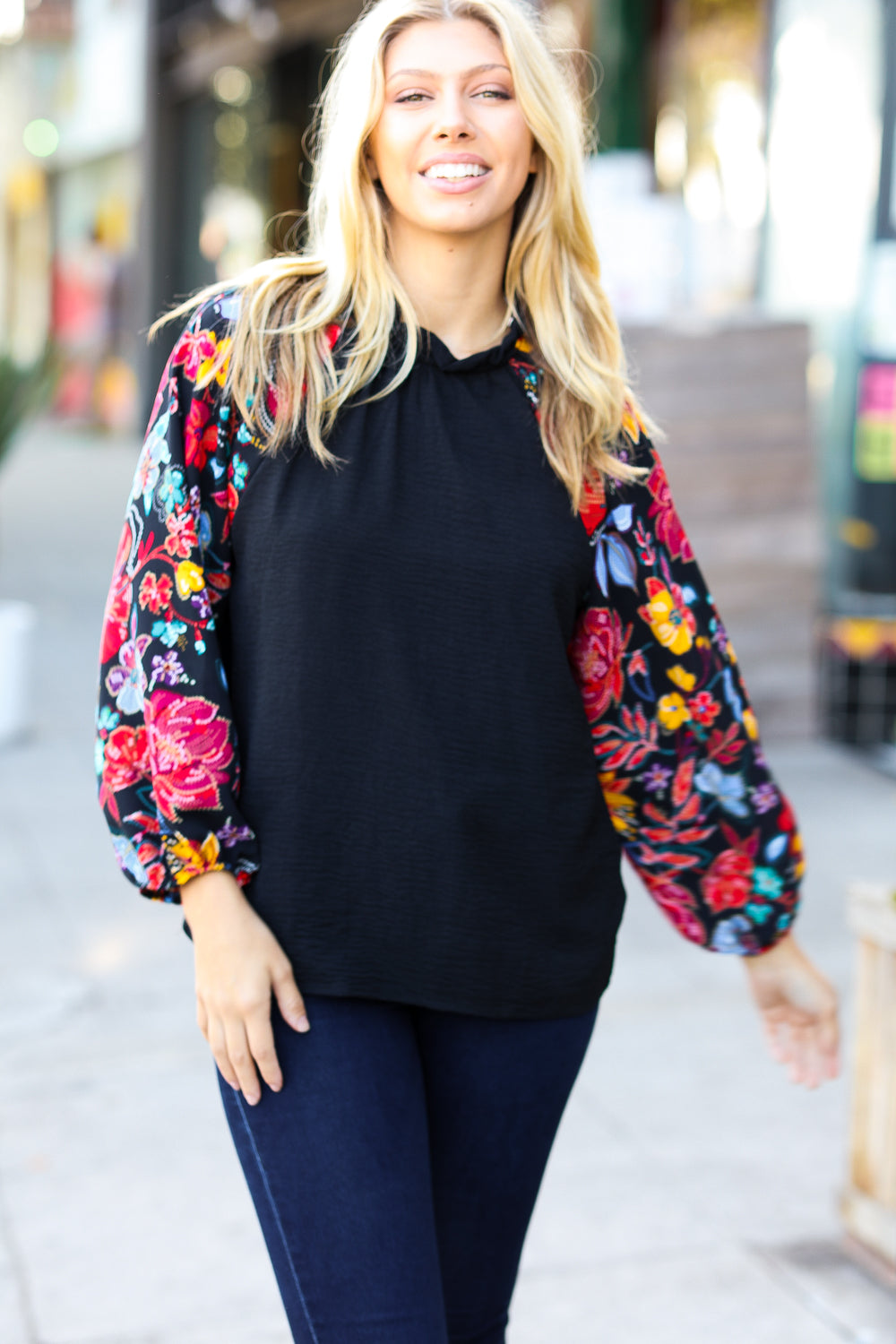 Be Yourself Black Sequin & Floral Embroidery Print Mock Neck Top