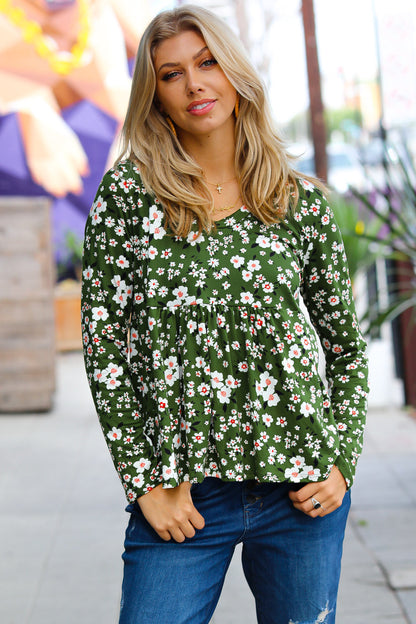 Olive Floral Print Babydoll Top