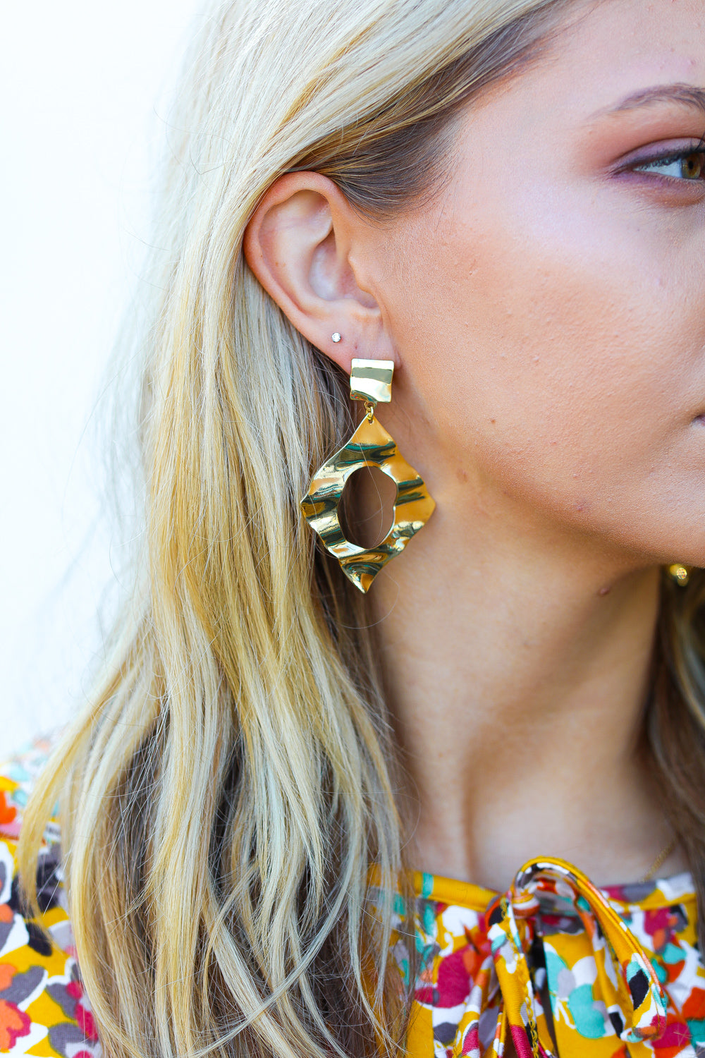 Gold Crushed Textured Geometric Cut-Out Earrings