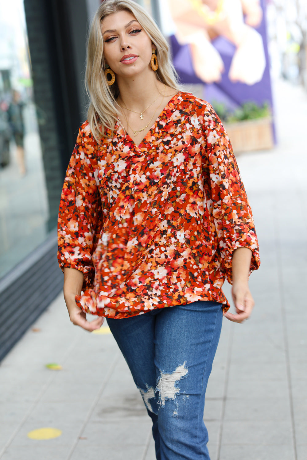 Rust Floral Print V Neck Woven Top