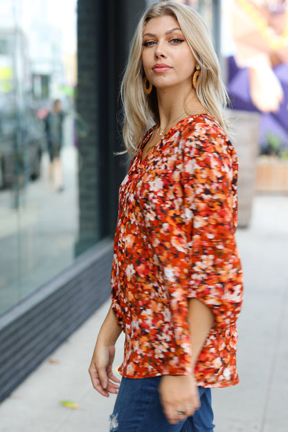 Rust Floral Print V Neck Woven Top