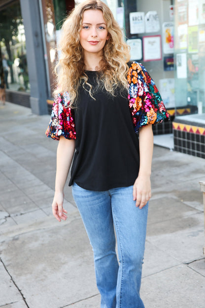 Glam Time Black Sequin Floral Puff Sleeve Top