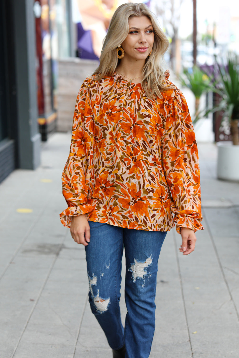 All The Joy Burnt Orange Watercolor Floral Frill Neck Top