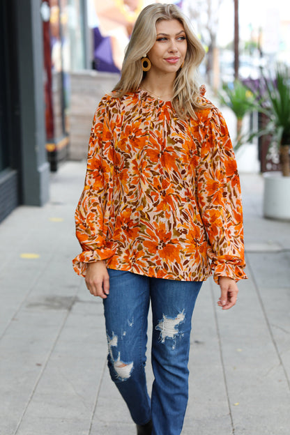 All The Joy Burnt Orange Watercolor Floral Frill Neck Top