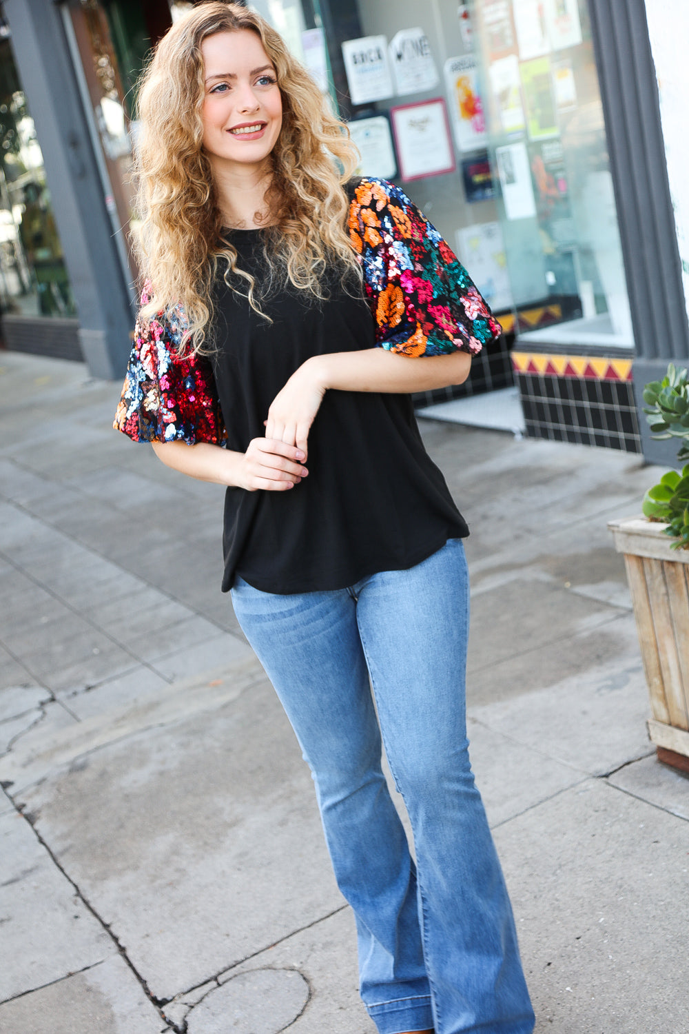 Glam Time Black Sequin Floral Puff Sleeve Top