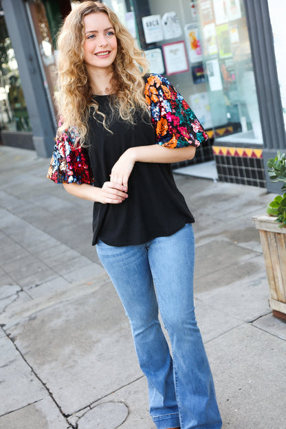 Glam Time Black Sequin Floral Puff Sleeve Top