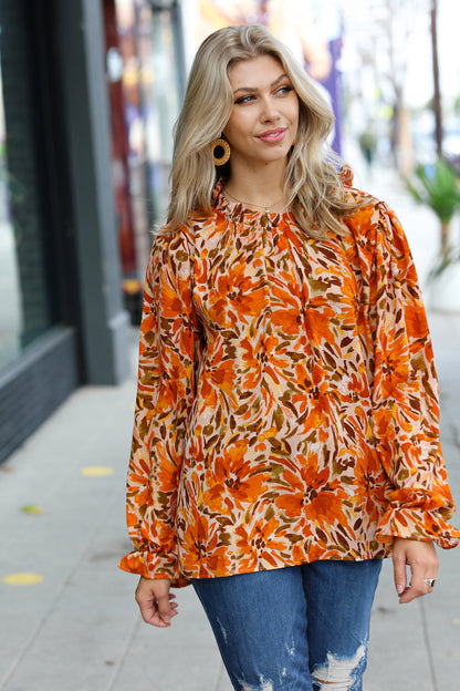 All The Joy Burnt Orange Watercolor Floral Frill Neck Top