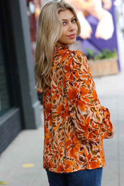 All The Joy Burnt Orange Watercolor Floral Frill Neck Top