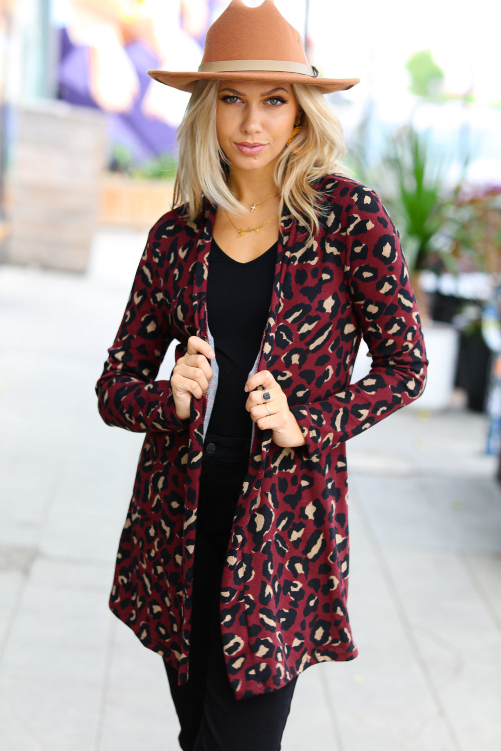 Weekend Envy Burgundy Animal Print Open Cardigan