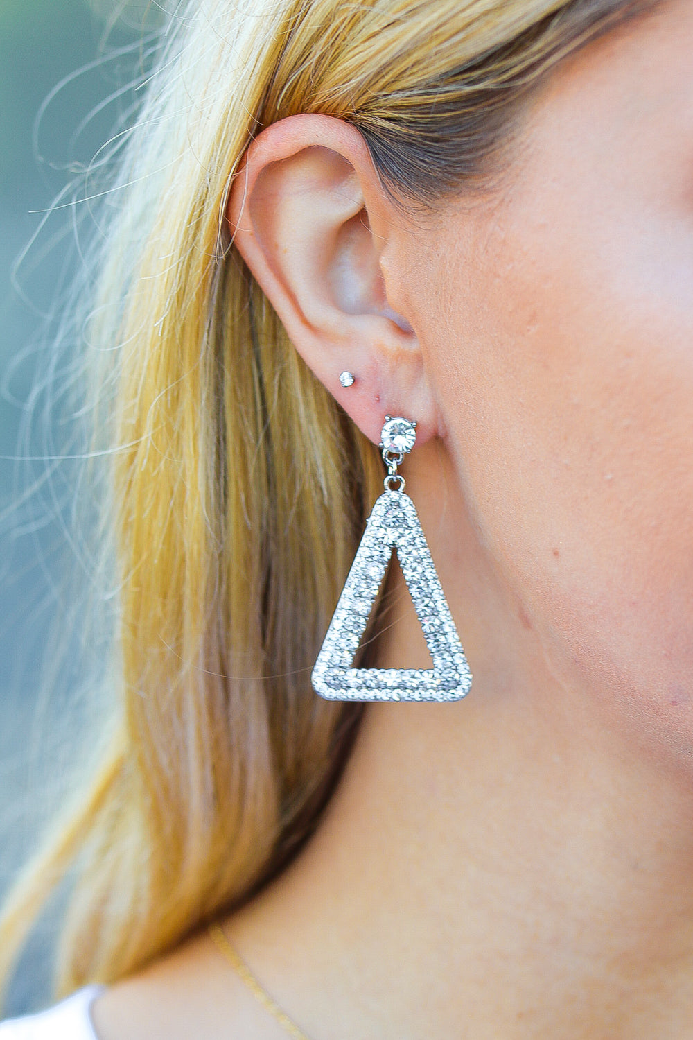 Silver Triangle Rhinestone Studded Drop Earrings