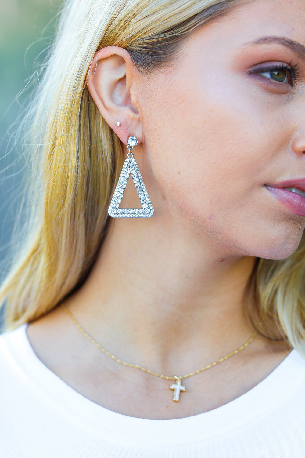 Silver Triangle Rhinestone Studded Drop Earrings