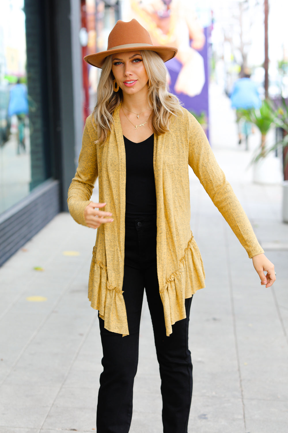 Face the Day Mustard Two-Tone Ruffle Cardigan