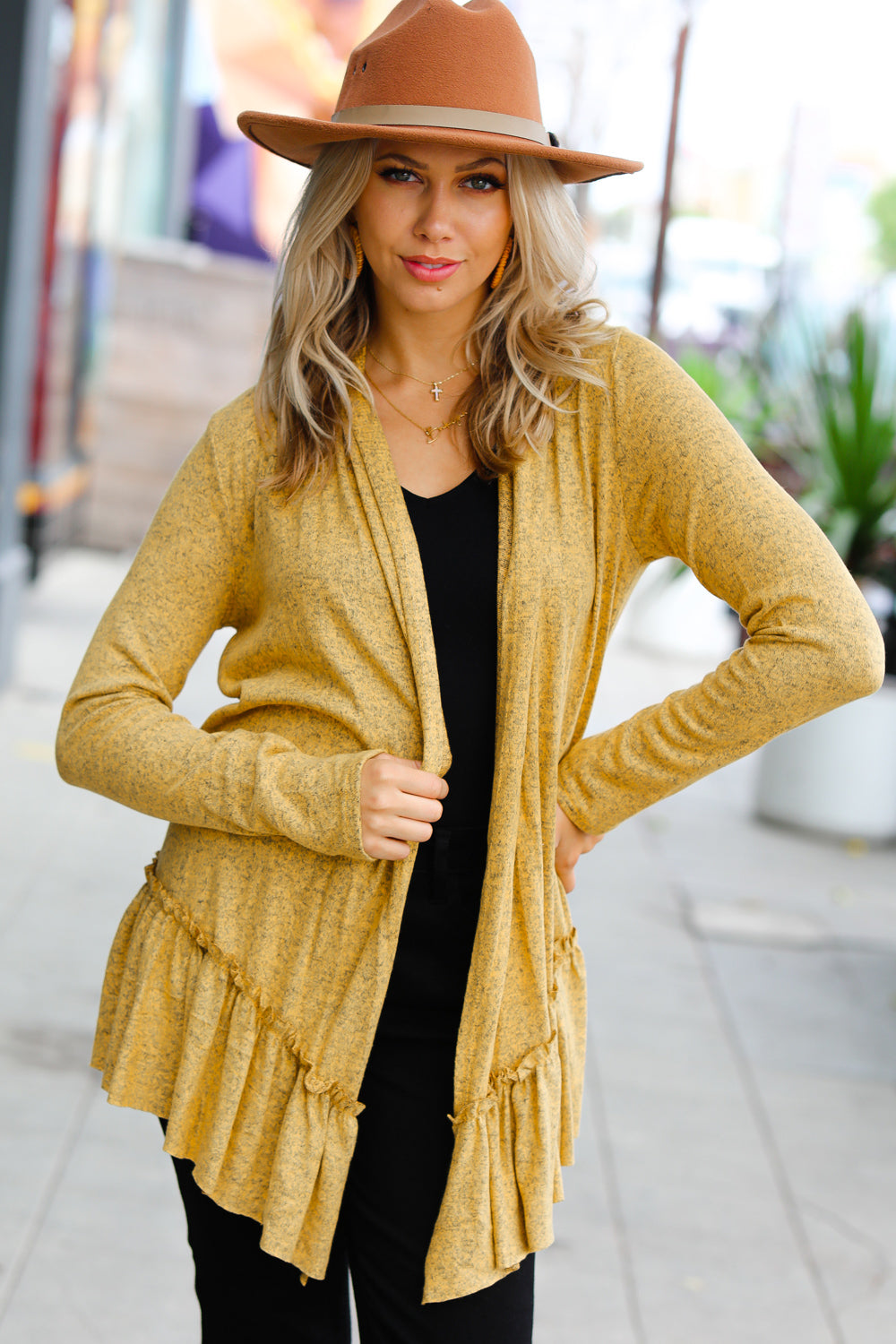 Face the Day Mustard Two-Tone Ruffle Cardigan