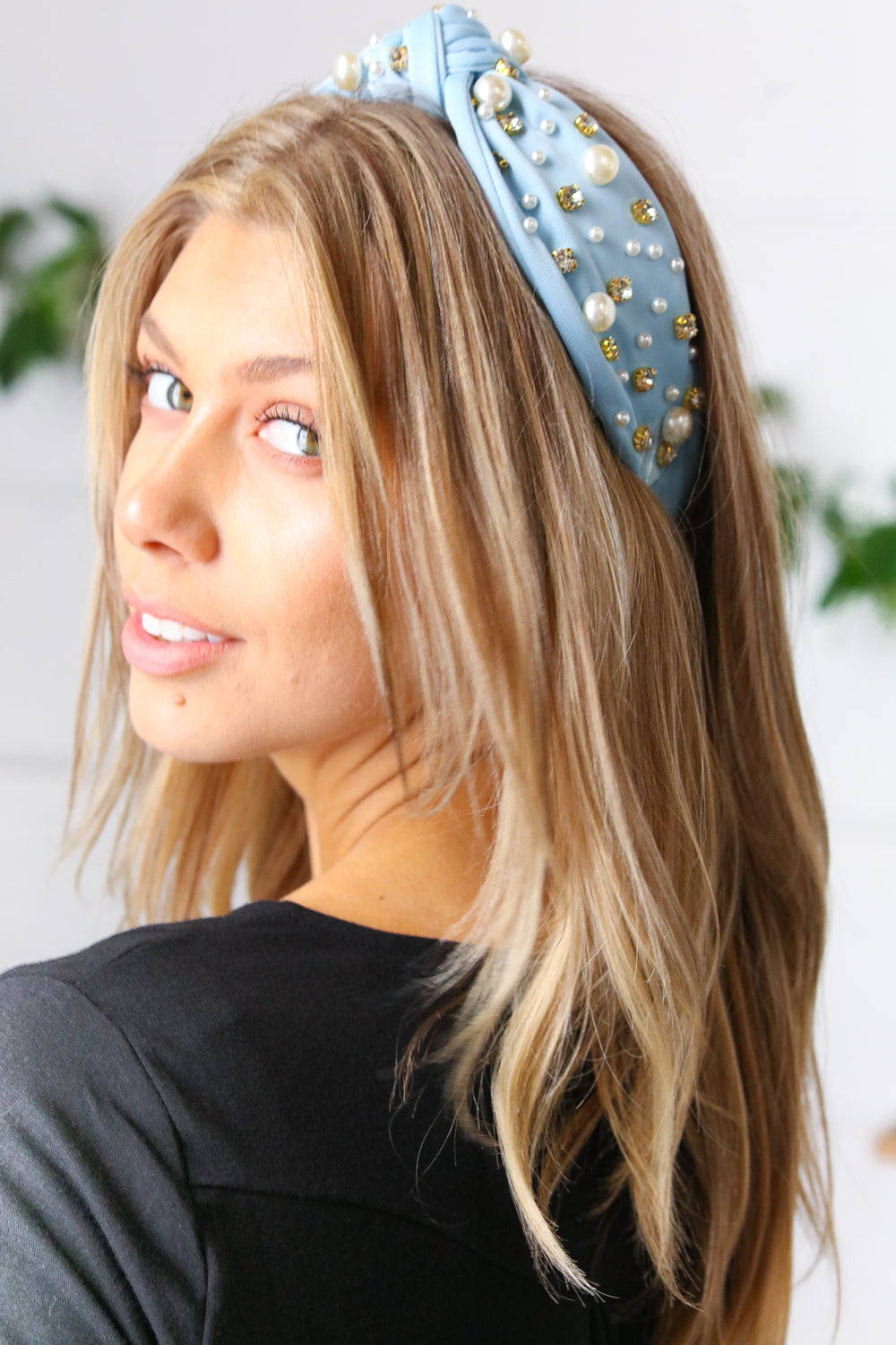 Dusty Blue Pearl & Jewels Top Knot Knit Headband