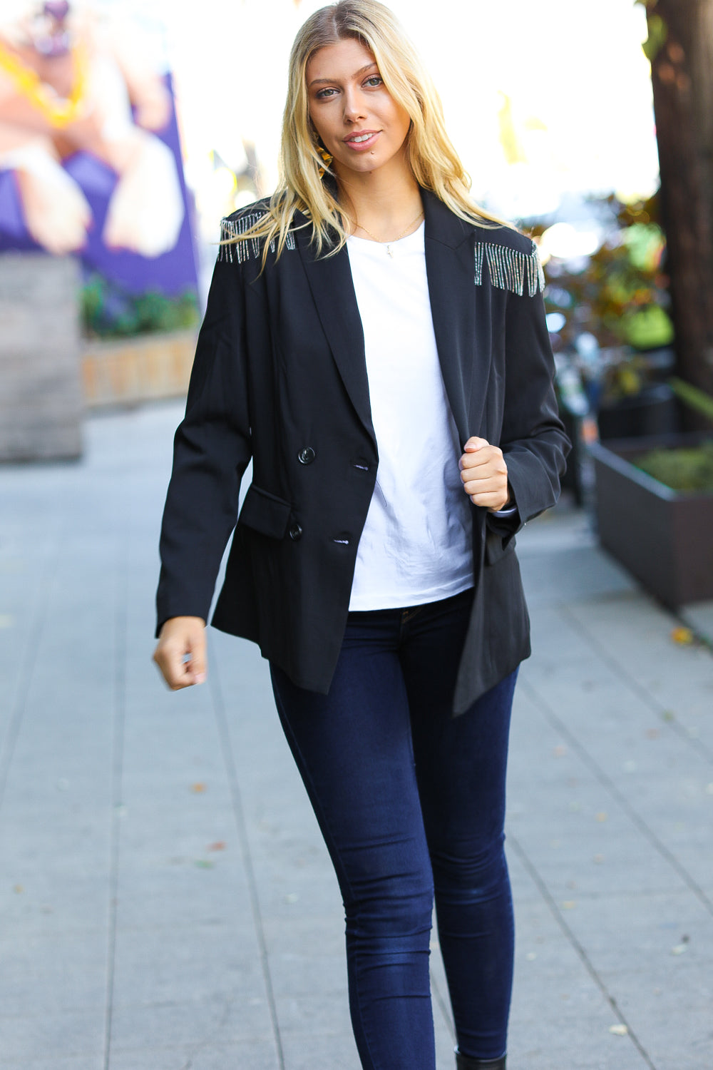 Holiday Ready Black Shoulder Tassel Fringe Blazer