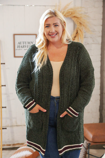 Forest Green Chenille Velvet Open Pocket Cardigan