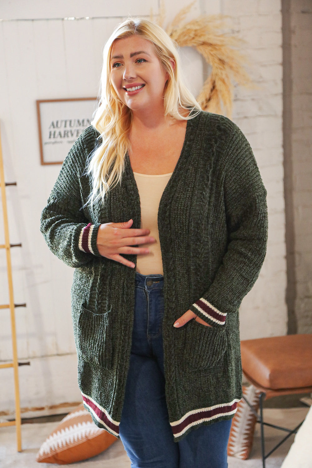 Forest Green Chenille Velvet Open Pocket Cardigan