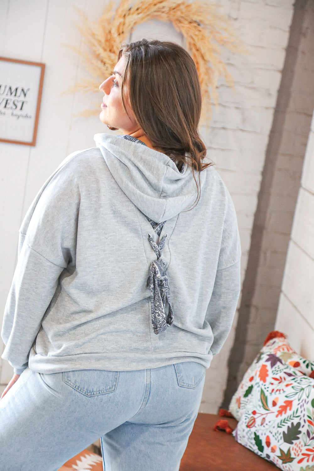 Grey Cotton Terry Paisley Sash Tie Back Hoodie