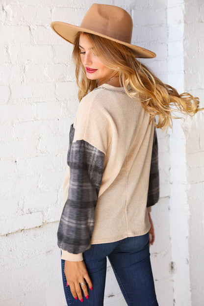 Plaid Knit Pocket Top with Reverse Stitch Detail