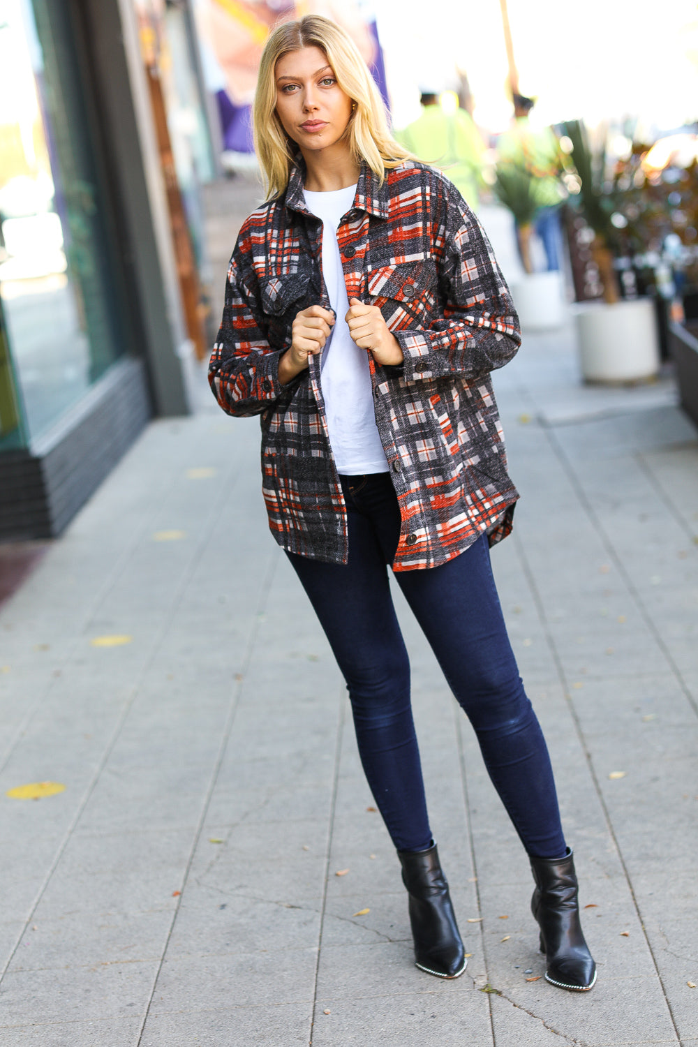 Plaid Happy Black & Rust Jacquard Oversize Pocketed Shacket