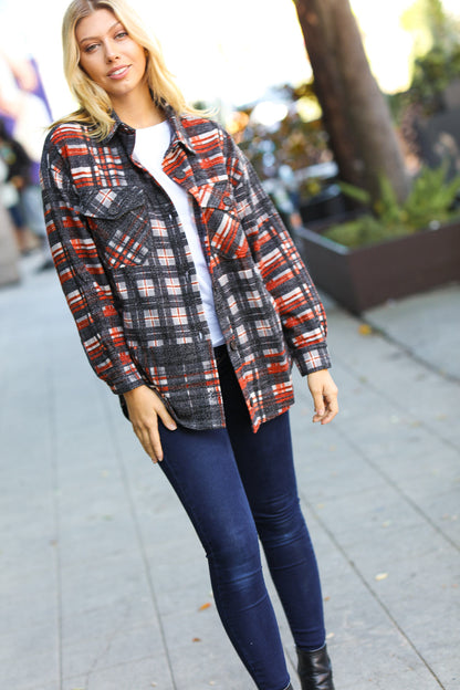 Plaid Happy Black & Rust Jacquard Oversize Pocketed Shacket