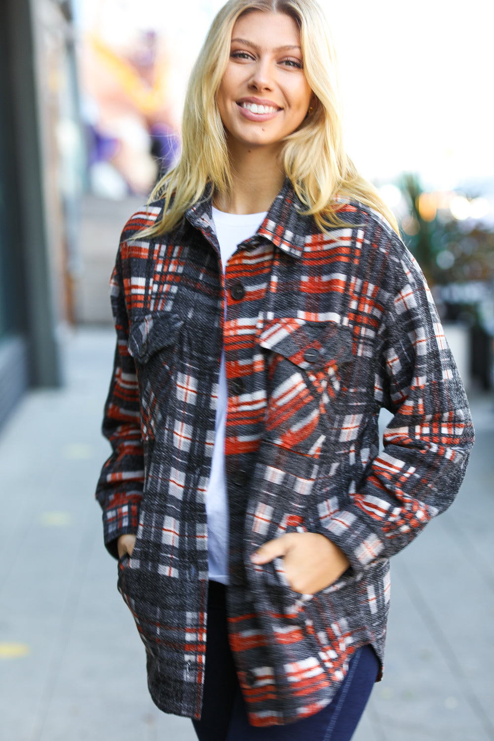 Plaid Happy Black & Rust Jacquard Oversize Pocketed Shacket