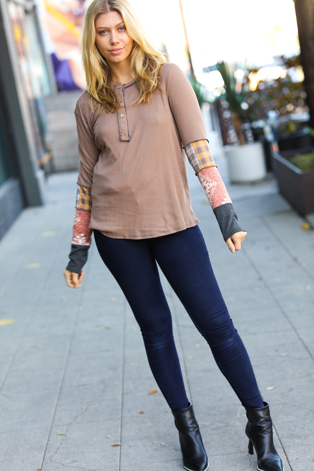 All For You Taupe Thermal Button Down Colorblock Top