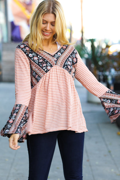 Rust Boho Floral Stripe Two Tone Bell Sleeve Top